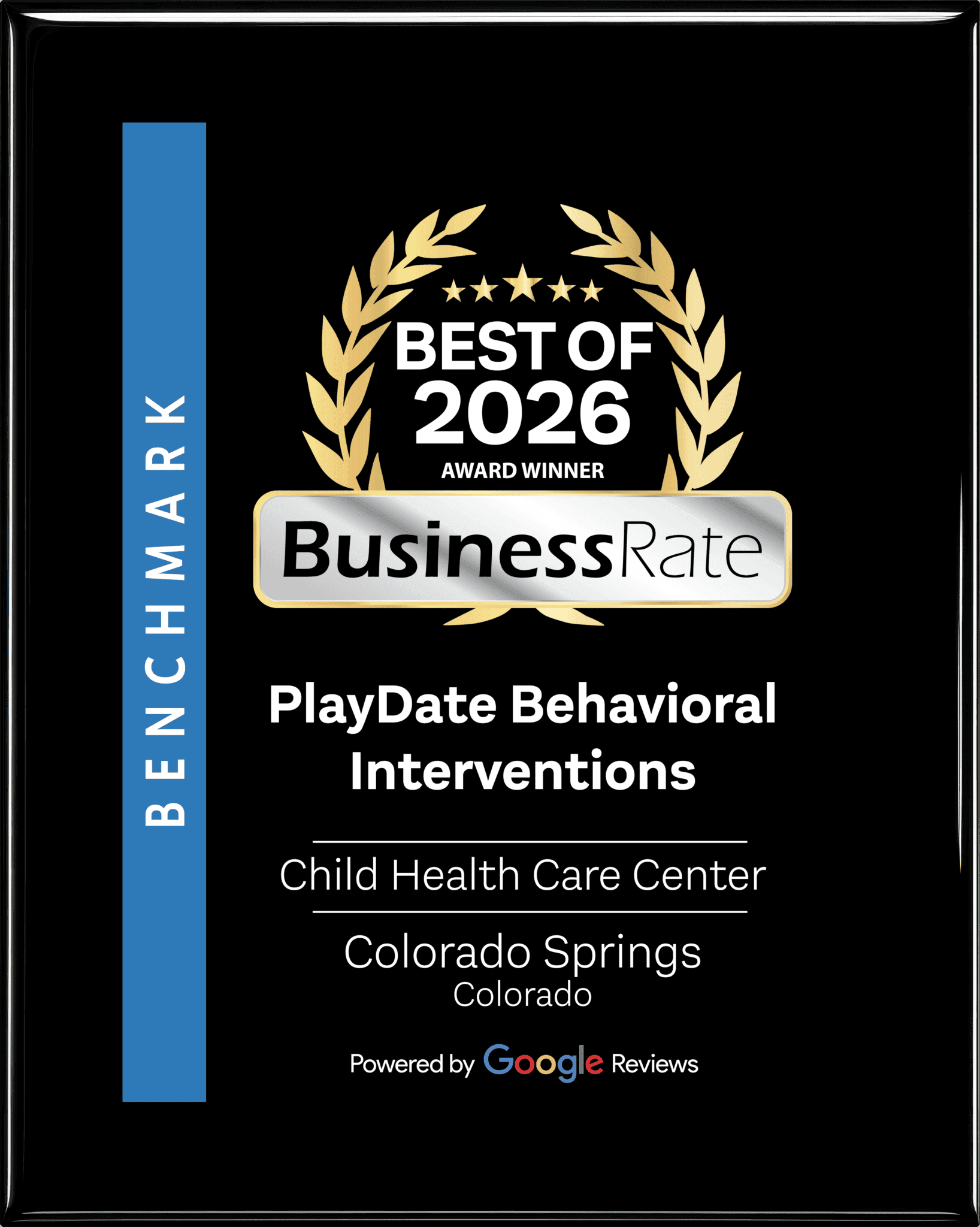BusinessRate Best of 2026 Award Winner plaque for PlayDate Behavioral Interventions, Child Health Care Center, Colorado Springs, Colorado